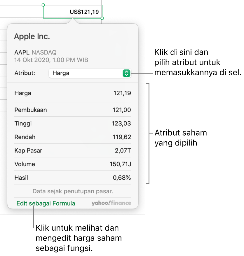 Dialog untuk memasukkan informasi atribut saham, dengan Apple sebagai saham yang dipilih.