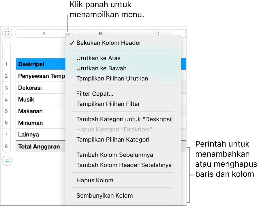 Menu kolom tabel dengan perintah untuk menambahkan atau menghapus baris dan kolom.