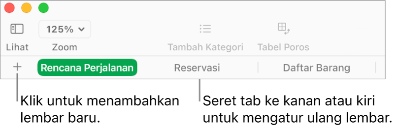 Bar tab untuk menambah lembar baru dan mengatur ulang lembar.