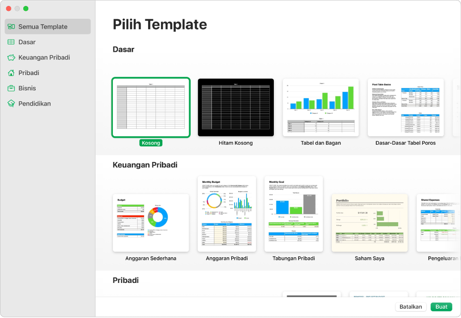 Pemilih template. Bar samping di sebelah kiri mencantumkan kategori template yang dapat Anda klik untuk memfilter pilihan. Di sebelah kanan terdapat gambar mini template yang dirancang sebelumnya, yang diatur dalam baris menurut kategori.