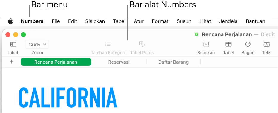 Bar menu di bagian atas layar dengan menu Apple, Numbers, File, Edit, Sisipkan, Tabel, Atur, Format, Susun, Lihat, Jendela, dan Bantuan. Di bawah bar menu adalah spreadsheet Numbers yang terbuka dengan tombol bar alat di sepanjang bagian atas untuk Lihat, Zoom, Tambah Kategori, Tabel Poros, Sisipkan, Tabel, Bagan, dan Teks.