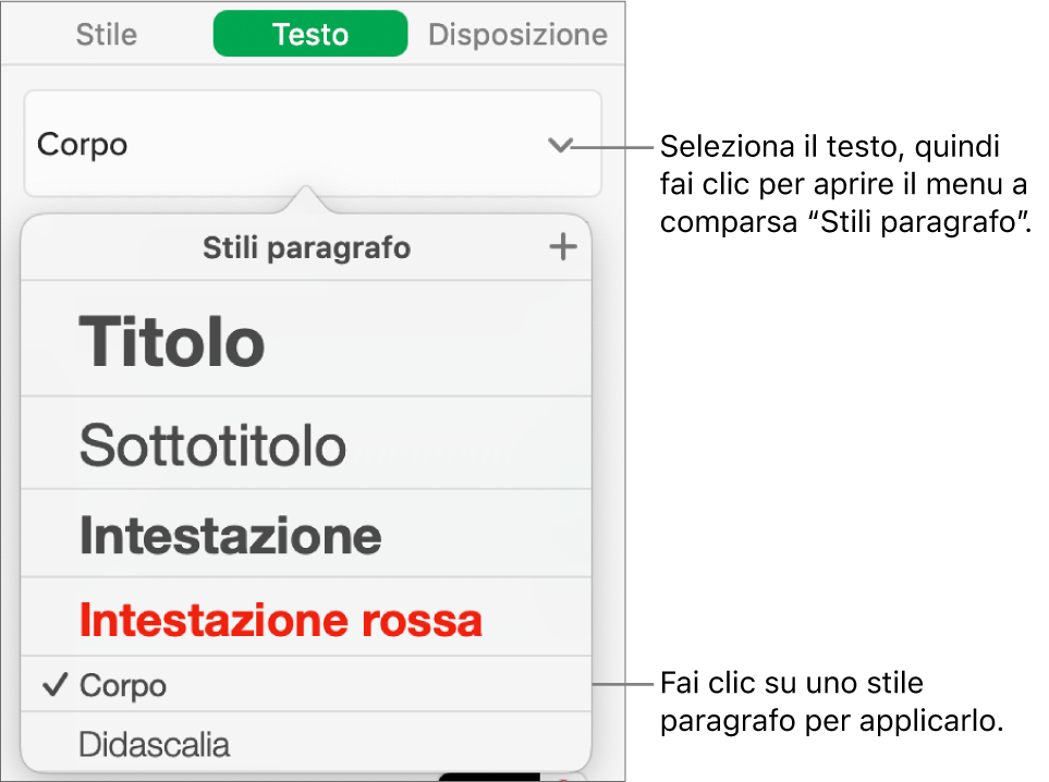 Il menu “Stili Paragrafo” con un segno di spunta accanto allo stile selezionato.