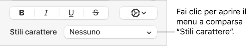 Menu a comparsa “Stili carattere” sotto i controlli per modificare stile e colore del testo.