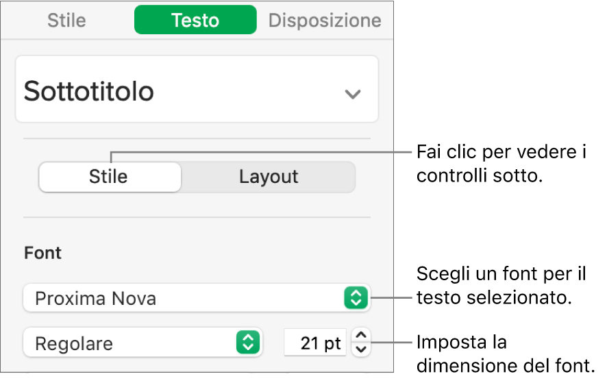 Controlli del testo nella sezione Stile della barra laterale Formattazione per impostare font e dimensioni del font.