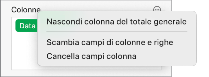 Il menu “Altre opzioni campo” che mostra i controlli per nascondere i totali generali, scambiare i campi di colonne e righe, e cancellare i campi.