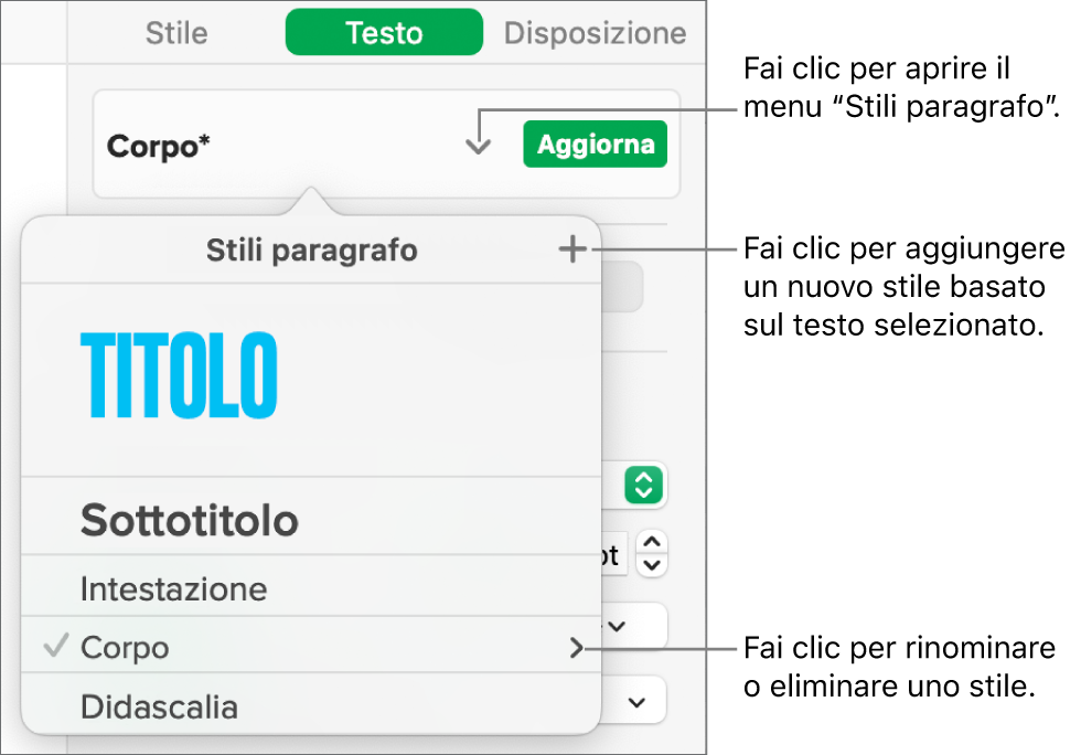 Il menu “Stili Paragrafo”, in cui vengono visualizzati i controlli per aggiungere o modificare uno stile.