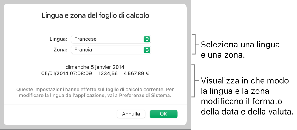 Il pannello Lingua e Zona con i controlli per lingua e zona e un esempio di formato che include data, ora, numeri decimali e valuta.