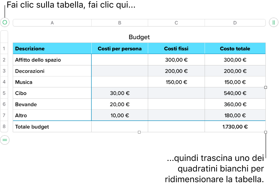 Tabella selezionata con quadratini bianchi per il ridimensionamento.