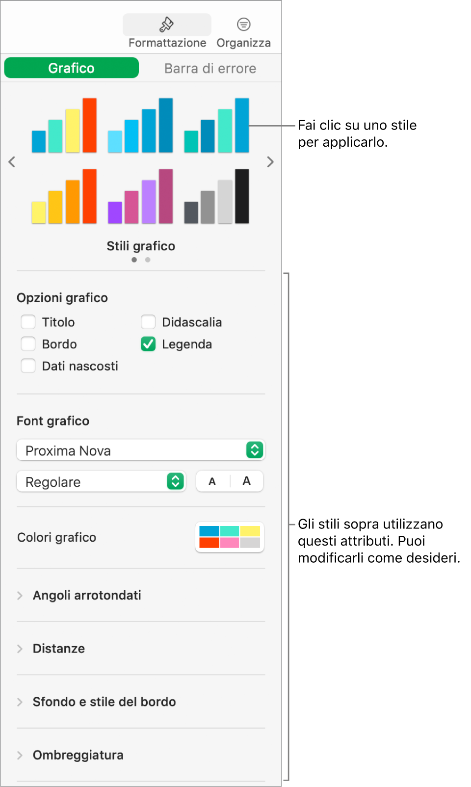 Barra laterale Formattazione con i controlli per formattare i grafici.