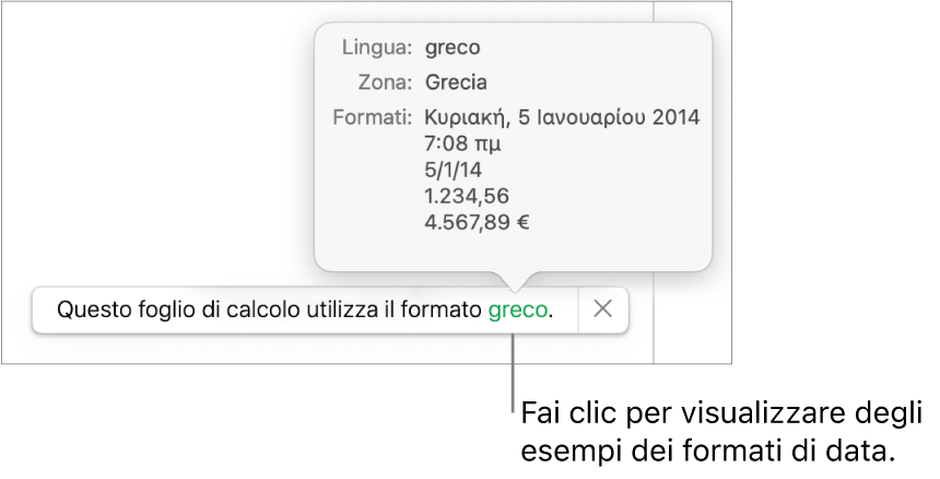 La notifica della diversa impostazione di lingua e zona, con esempi dei formati.