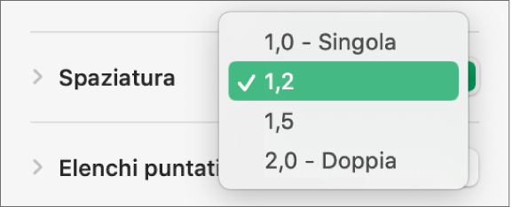 Menu a comparsa Spaziatura con Singola, Doppia e altre opzioni.