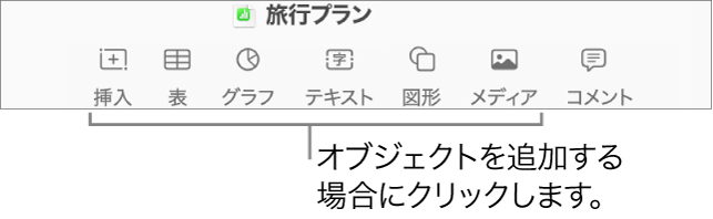 Numbersのツールバー。挿入、表、グラフ、テキスト、図形、メディアのボタンが表示された状態。