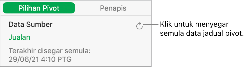 Tab Pilihan Pivot menunjukkan pilihan untuk menyegar semula jadual pivot.