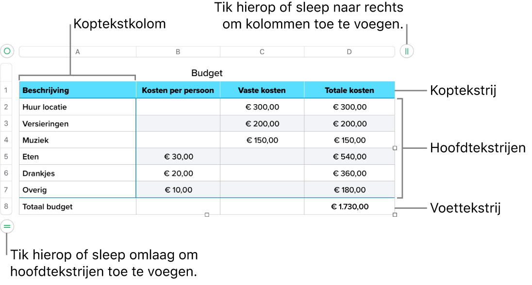 Een tabel met koptekst-, hoofdtekst- en voettekstrijen en -kolommen en selectiegrepen voor het toevoegen of verwijderen van rijen en kolommen.