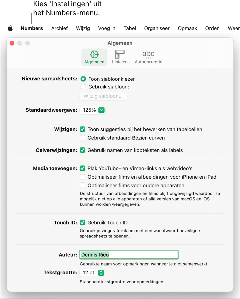 Het paneel 'Algemeen' in het instellingenvenster van Numbers met instellingen voor nieuwe spreadsheets, standaardweergave, wijzigen, celverwijzingen, vergelijkingen, toevoegen van media, Touch ID, auteursnaam en standaardtekstgrootte.