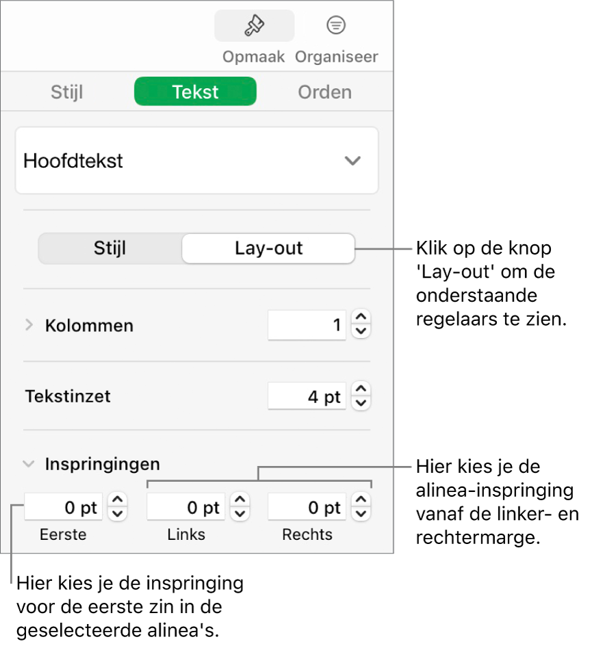 Het gedeelte 'Lay-out' van de navigatiekolom 'Opmaak' met regelaars voor het instellen van het inspringniveau van de eerste regel en de alineamarges.