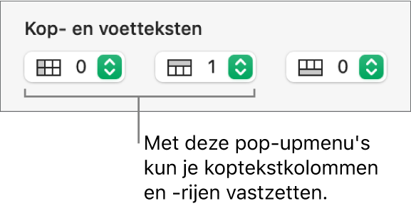 De pop‑upmenu's waarmee je koptekst- en voettekstkolommen en -rijen aan een tabel toevoegt en koptekstrijen en -kolommen vastzet.