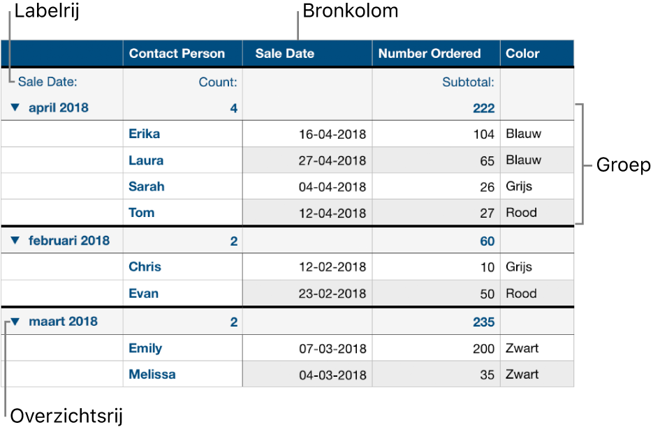 Een gecategoriseerde tabel met de bronkolom, groepen, overzichtsrij en labelrij.