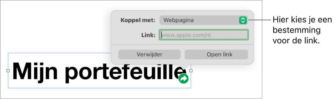 De regelaars in de linkeditor. 'Webpagina' is geselecteerd en onderaan staan de knoppen 'Verwijder' en 'Open link'.