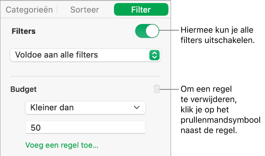 Regelaars voor het verwijderen van een filter of het uitschakelen van alle filters.