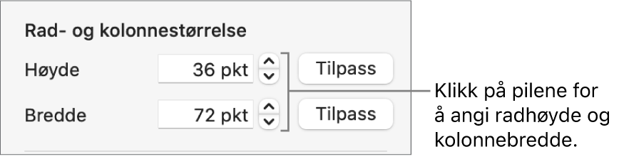 Kontrollene for å angi en presis rad- eller kolonnestørrelse.