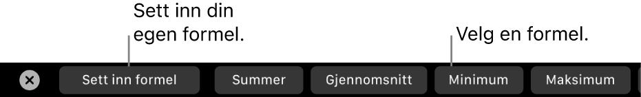 Touch Bar på MacBook Pro med kontroller for å sette inn din egen formel og velge en vanlig formel.