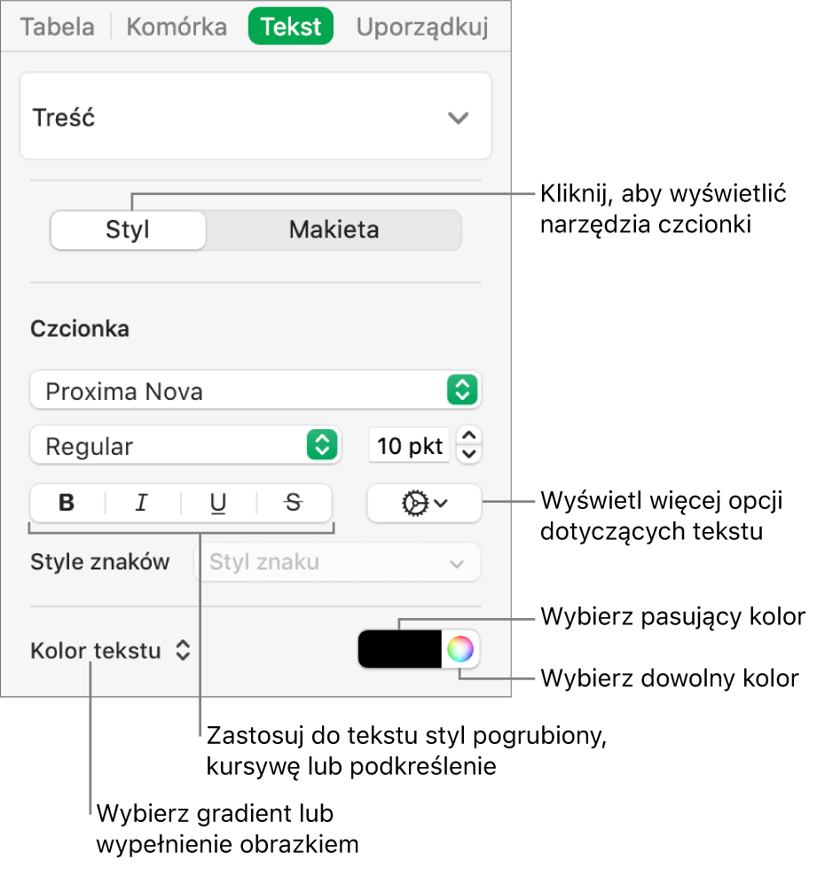 Narzędzia edycji stylu tekstu w tabeli.