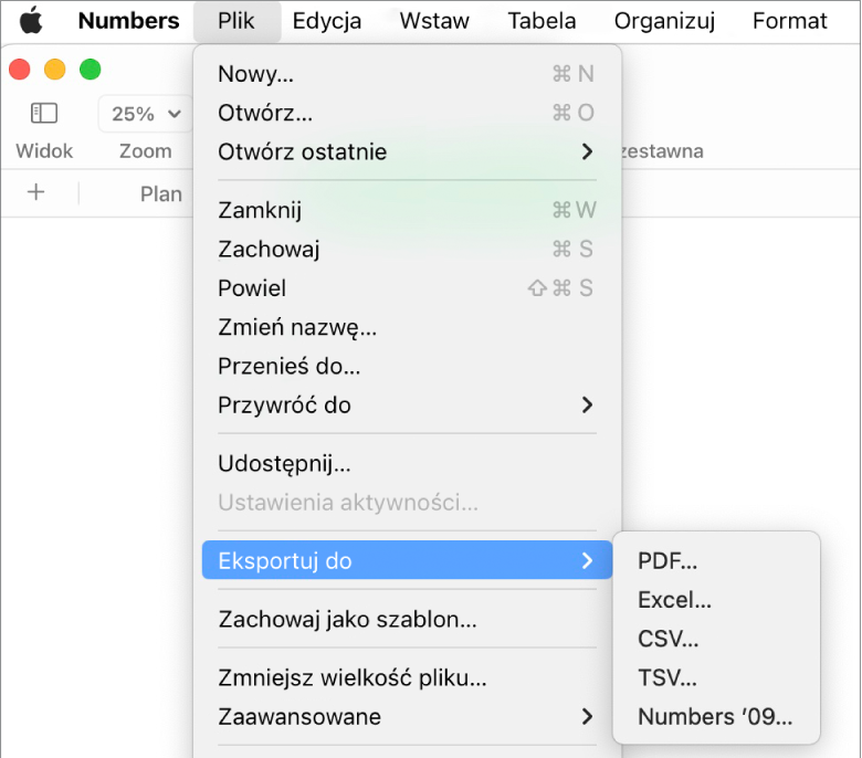 Otwarte menu Plik z wybranym podmenu Eksportuj do. Opcje dostępne w podmenu to: PDF, Excel, CSV i Numbers '09.