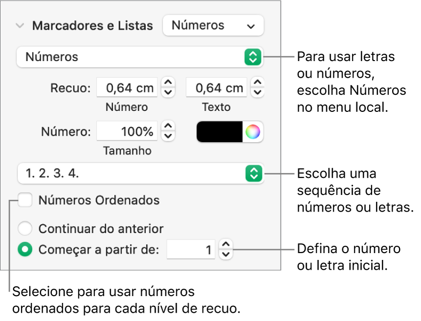 Controles para alterar o estilo dos números e espacejamento de uma lista.