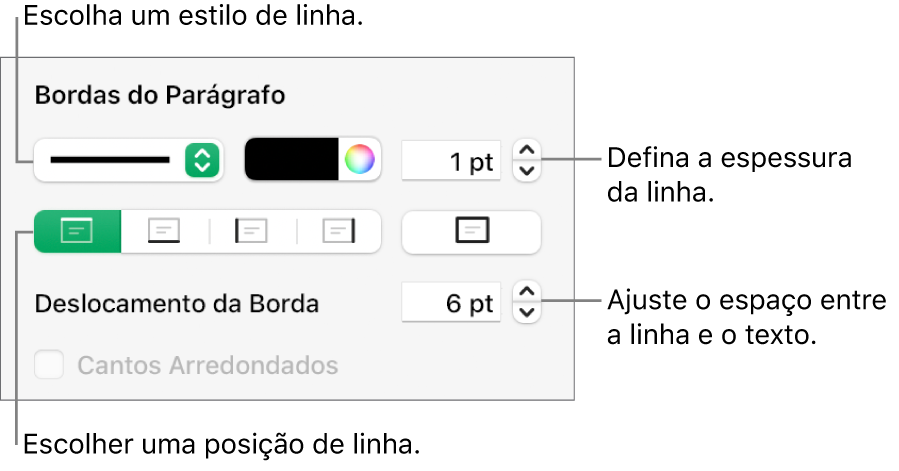 Controles para alterar o estilo, a espessura, a posição e a cor da linha.