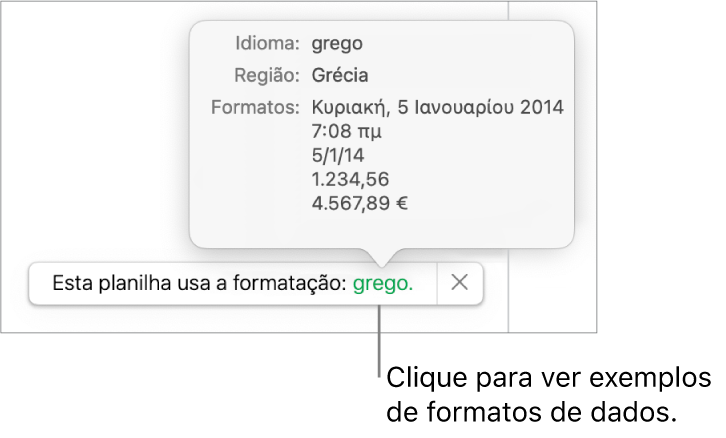 A notificação da configuração diferente de idioma e região, com exemplos de formatação no idioma e região diferentes.