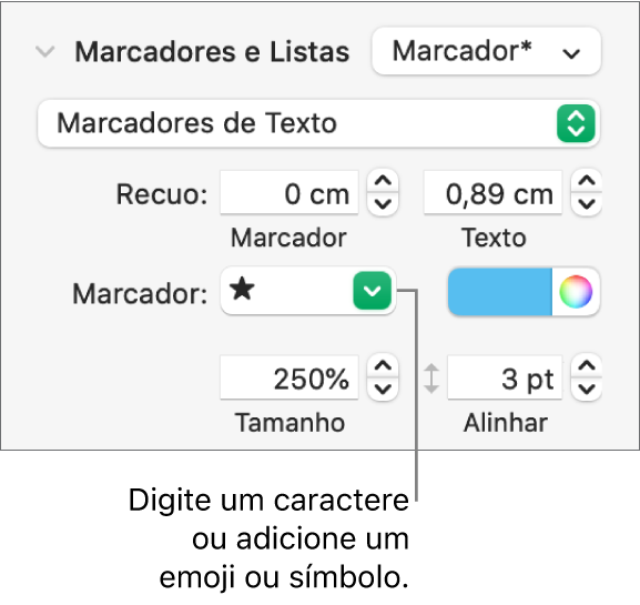 Seção “Marcadores e Listas” da barra lateral Formatar. O campo Marcador mostra um emoji de estrela.
