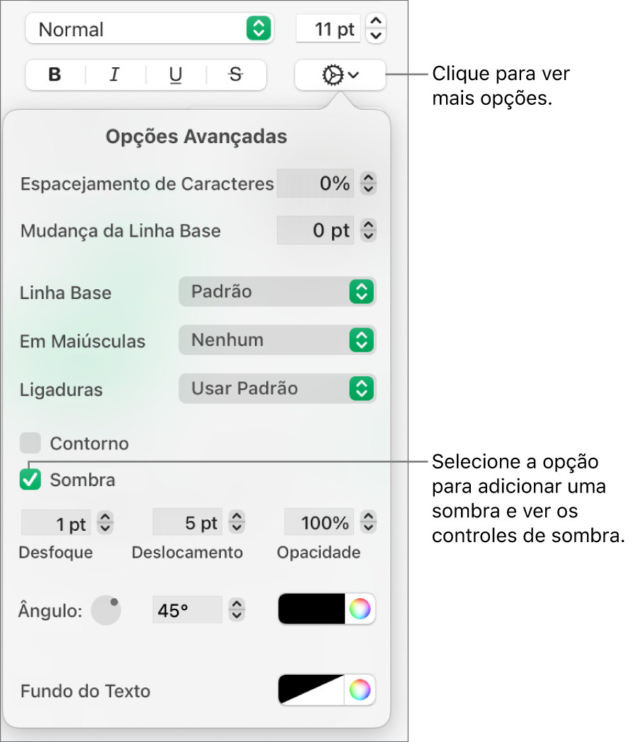 O menu “Mais Opções de Texto” se abre com a opção Sombra selecionada e controles para definir o desfoque, o deslocamento, a opacidade, o ângulo e a cor.