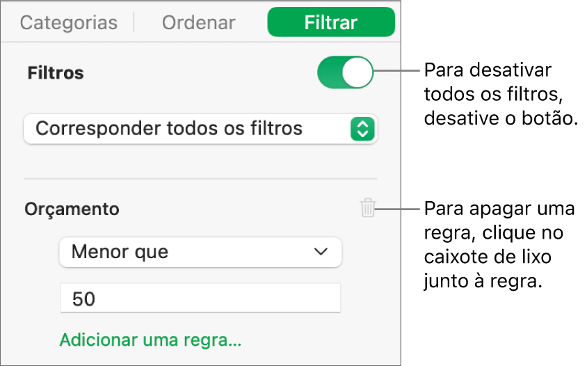 Controlo para apagar um filtro ou desativar todos os filtros.