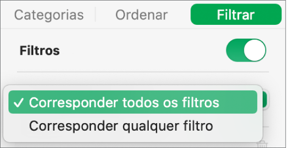 Menu pop-up para selecionar entre mostrar linhas que correspondem a todos os filtros ou a qualquer filtro.