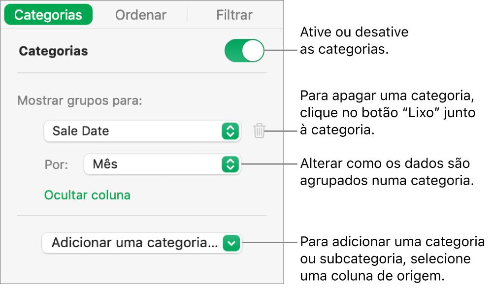 A barra lateral das categorias com opções para desativar as categorias, apagar categorias, reagrupar dados, ocultar uma coluna de origem e adicionar categorias.