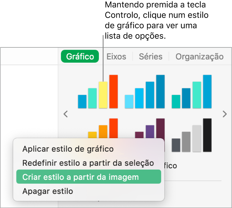 Menu de atalhos de estilo de gráfico.