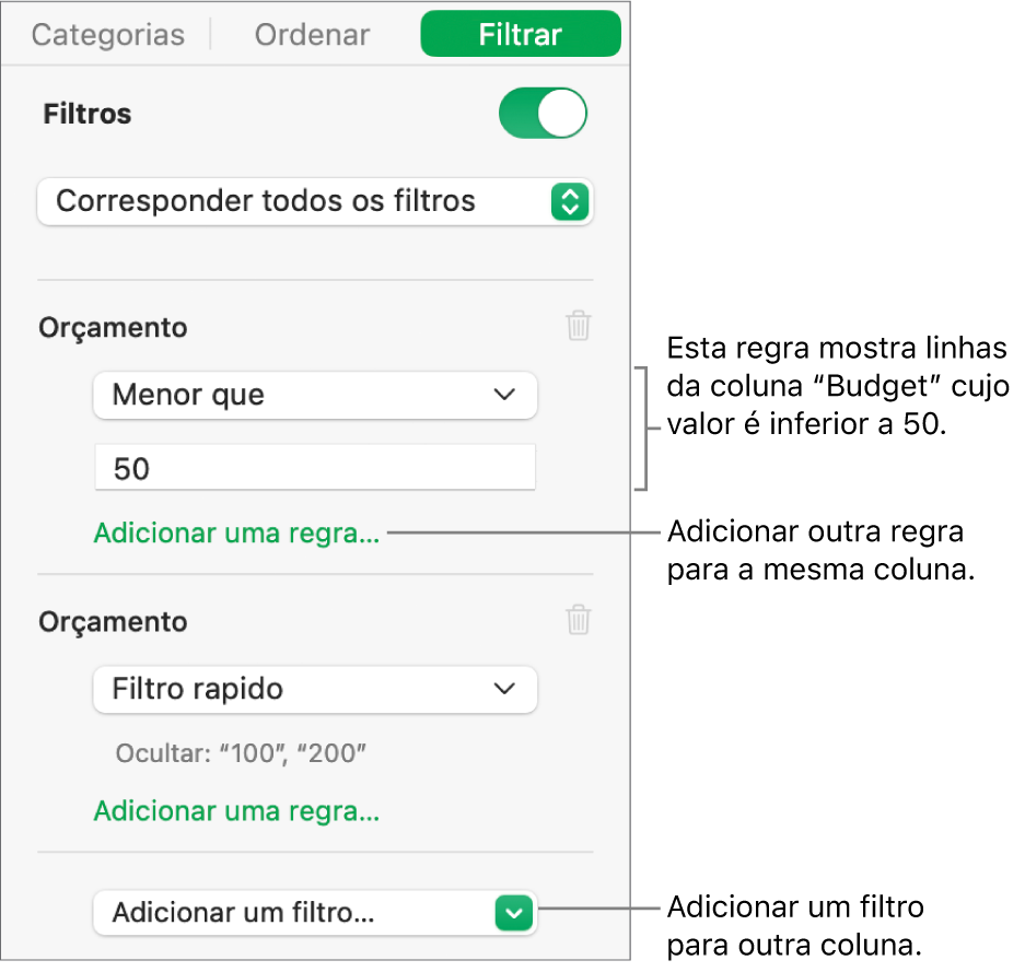 Controlos para criar regras de filtragem.