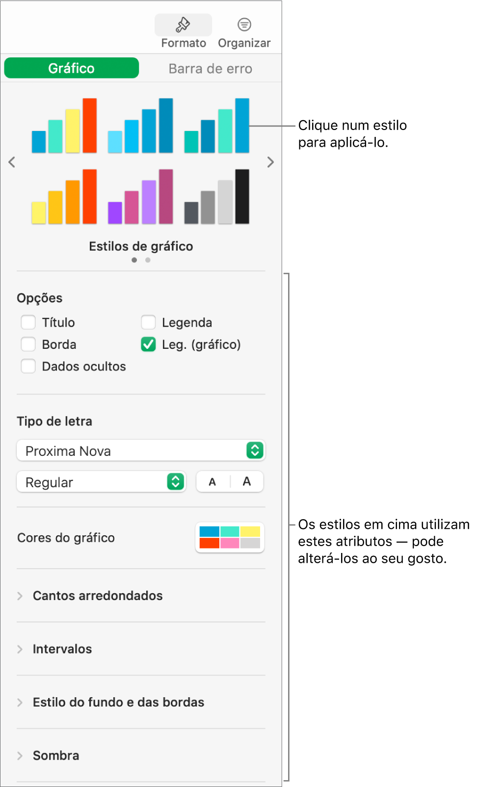 Barra lateral "Formatação” a mostrar os controlos para formatar gráficos.