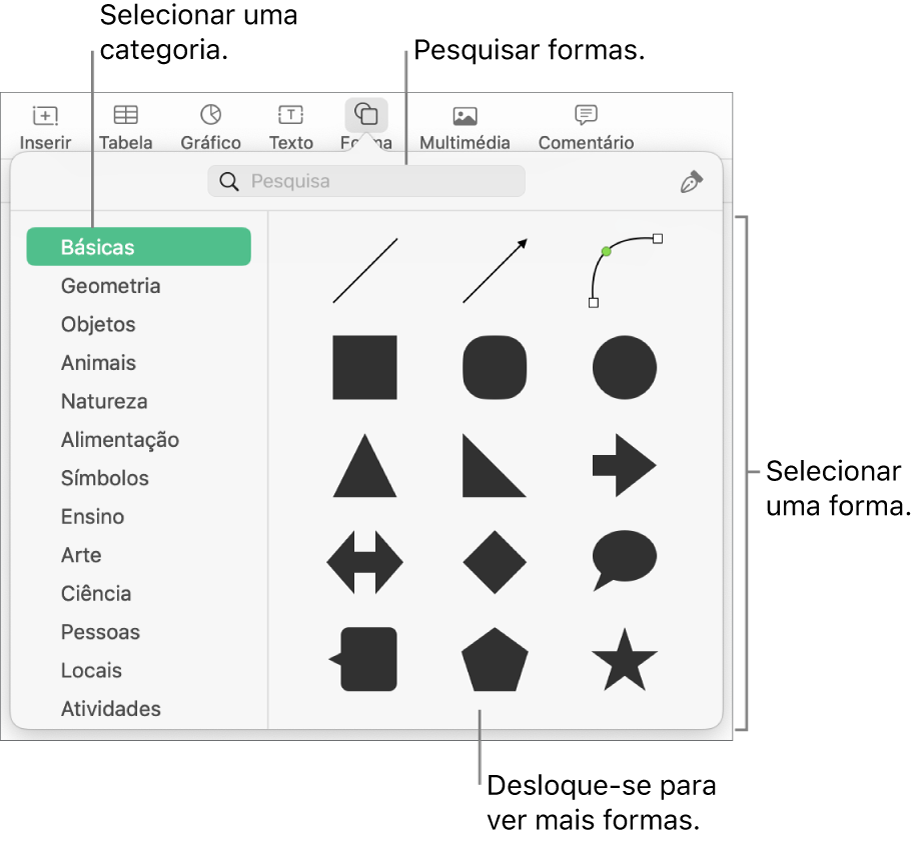 A biblioteca de formas, com as categorias listadas à esquerda e as formas exibidas na parte superior à direita. É possível usar o campo de pesquisa na parte superior para encontrar formas e deslocar-se para ver mais.