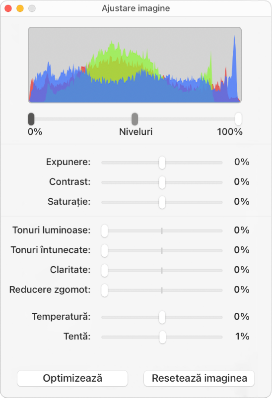 Fereastra Ajustare imagine cu glisoare pentru configurarea expunerii, contrastului, saturației, tonurilor luminoase și întunecate, clarității, reducerii zgomotului, temperaturii și nuanței.