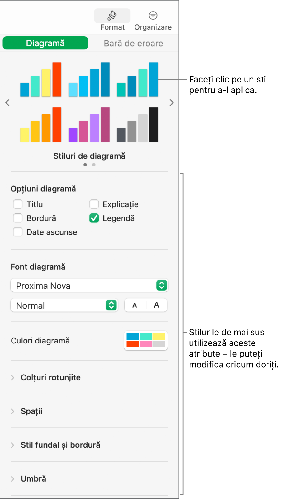 Bara laterală Formatare afișând comenzile pentru formatarea diagramelor.