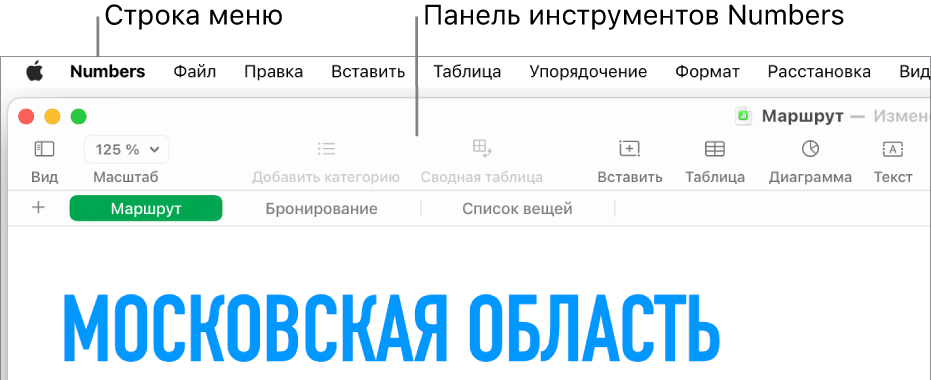 Вверху экрана находится строка меню, содержащая меню «Apple», «Numbers», «Файл», «Правка», «Вставить», «Таблица», «Упорядочение», «Формат», «Расстановка», «Вид», «Окно» и «Справка». Под строкой меню показана открытая таблица Numbers. Сверху расположена панель инструментов с кнопками «Вид», «Масштаб», «Добавить категорию», «Сводная таблица», «Вставить», «Таблица», «Диаграмма» и «Текст».