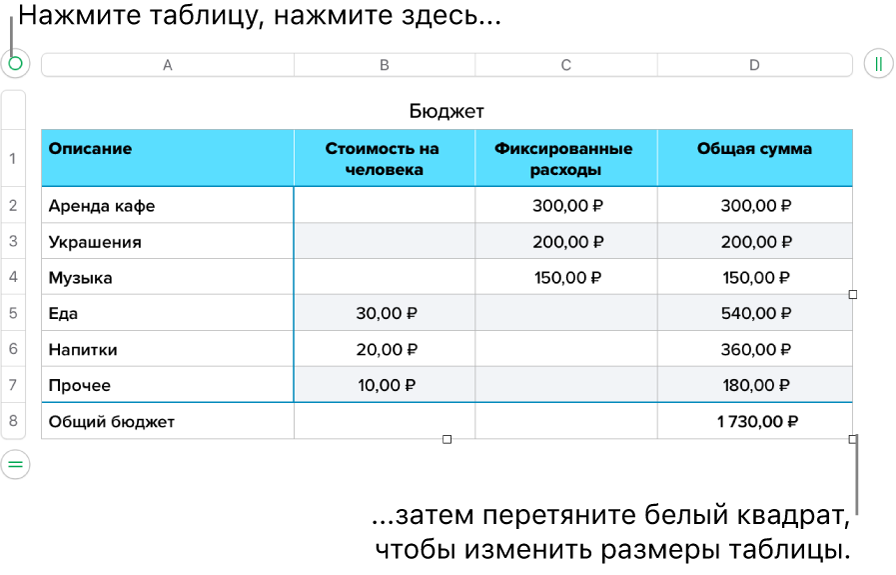 Выбранная таблица с белыми квадратами для изменения размера.