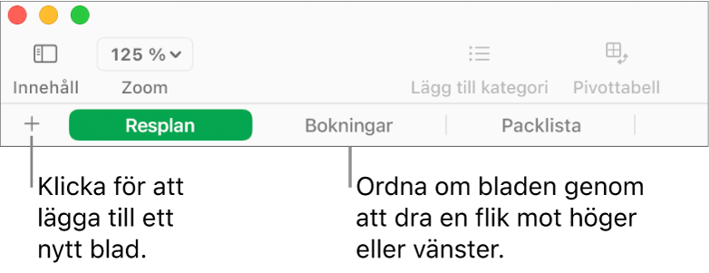 Flikfältet för att lägga till ett nytt blad och ordna om blad.