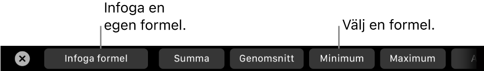 Touch Bar på MacBook Pro med reglage för att infoga en egen formel och välja en ofta använd formel.