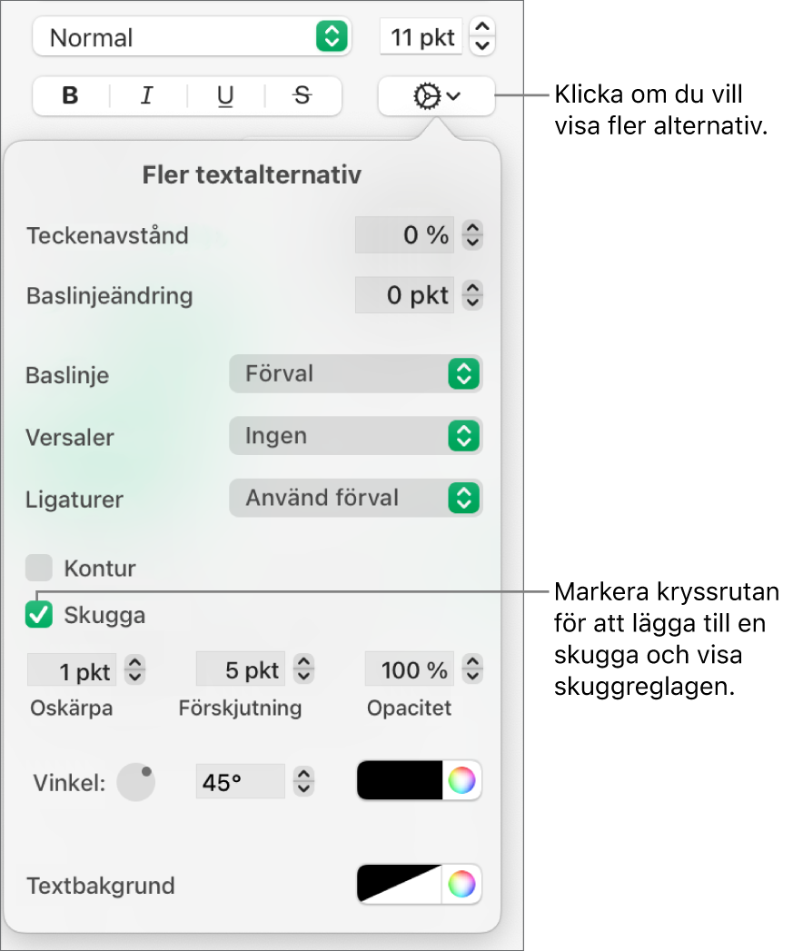 Menyn Fler textalternativ är öppen med kryssrutan Skuggor markerad och reglage för inställning av oskärpa, förskjutning, opacitet, vinkel och färg.