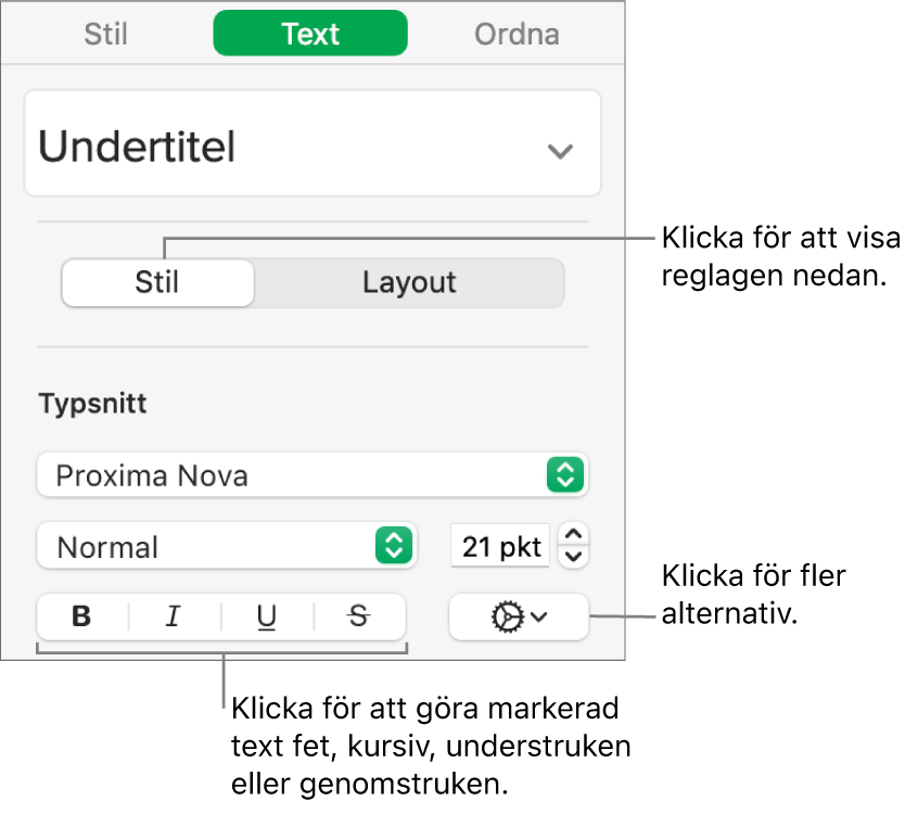 Stilreglagen i sidofältet med pilar som pekar på knapparna för fetstil, kursivering, understrykning och genomstrykning.