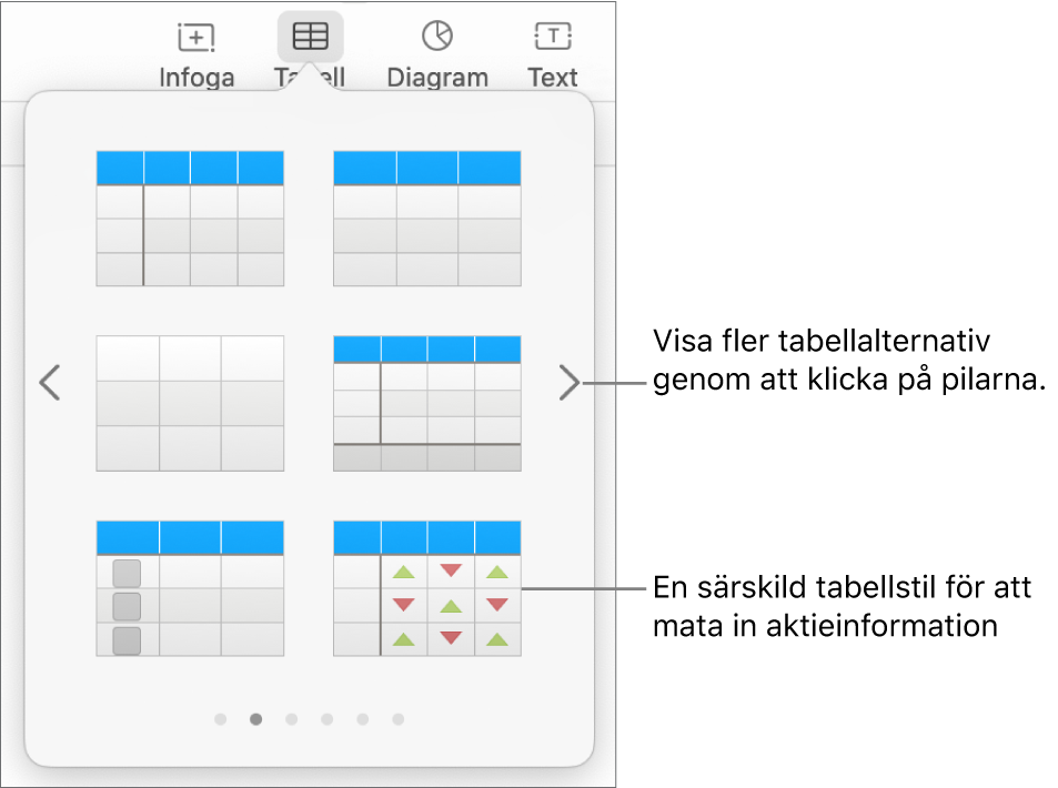 Tabellmenyn som visar miniatyrer för tabellstilar med en särskild stil för att mata in aktieinformation i nedre högra hörnet. Längst ned visas sex punkter vilket betyder att du kan visa fler stilar genom att svepa.
