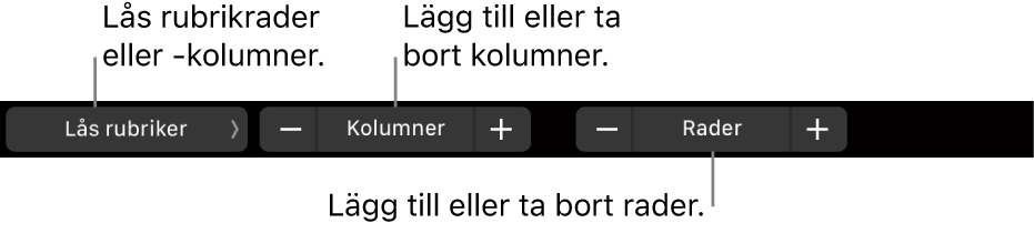 Touch Bar på MacBook Pro med reglage för att låsa rubrikrader och rubrikkolumner, lägg till eller ta bort kolumner och lägga till eller ta bort rader.